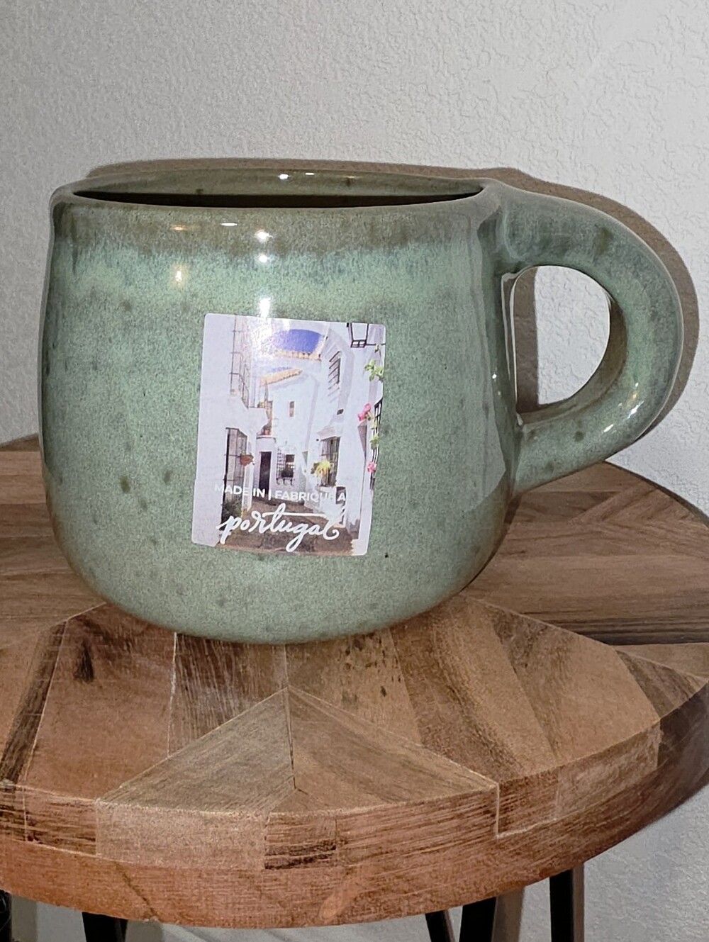 Sublime Handcrafted Stoneware Mug, Speckled Glazed Green Color, 20 Oz. Portugal.
